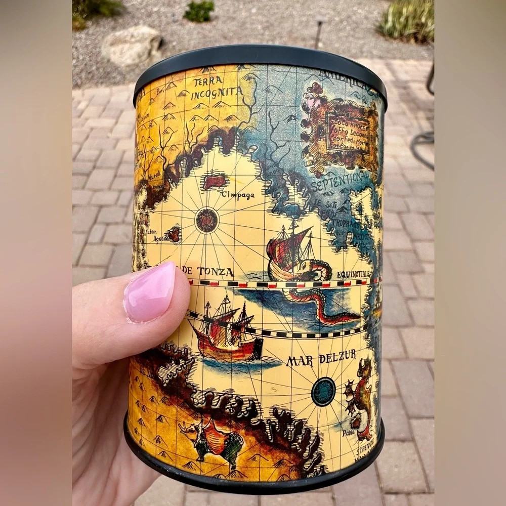 Vintage Metal Pencil Holder with 16th Century Italian/Dutch Map. Made in Japan